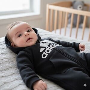 Adidas black 3 white stripes and logo on chest, zipper to ankle, 3 mon